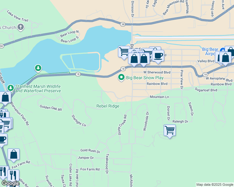 map of restaurants, bars, coffee shops, grocery stores, and more near 42784 Timberline Trail in Big Bear Lake