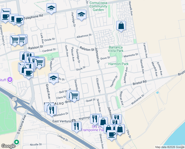 map of restaurants, bars, coffee shops, grocery stores, and more near 2101 Anthony Drive in Ventura