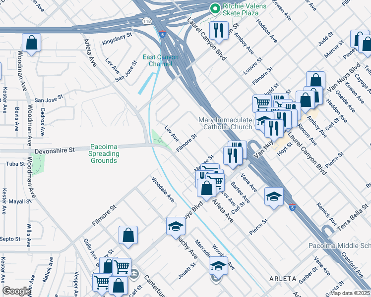 map of restaurants, bars, coffee shops, grocery stores, and more near 10262 Arleta Avenue in Los Angeles