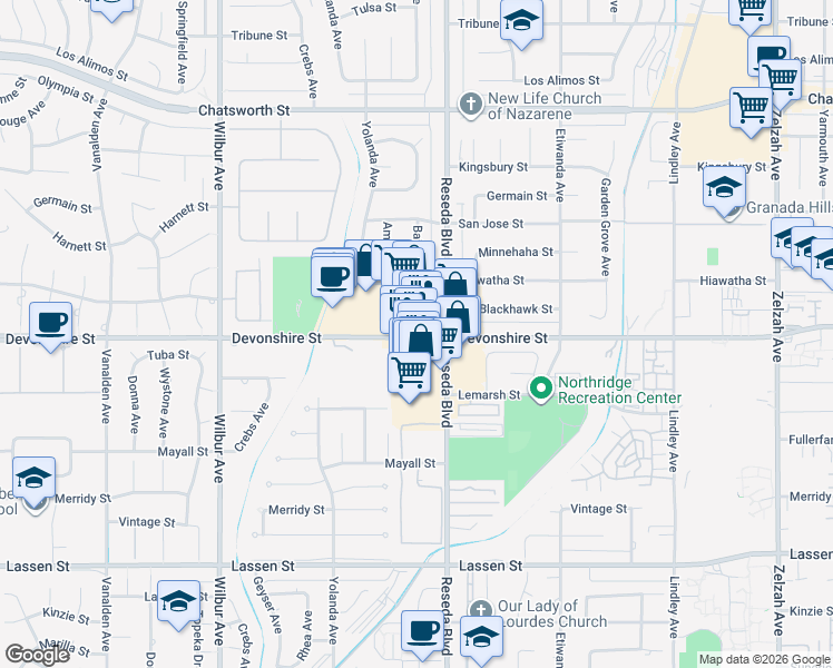 map of restaurants, bars, coffee shops, grocery stores, and more near 10235 Reseda Boulevard in Los Angeles