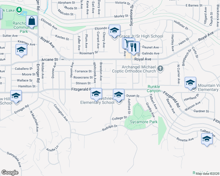map of restaurants, bars, coffee shops, grocery stores, and more near 2396 Fitzgerald Road in Simi Valley