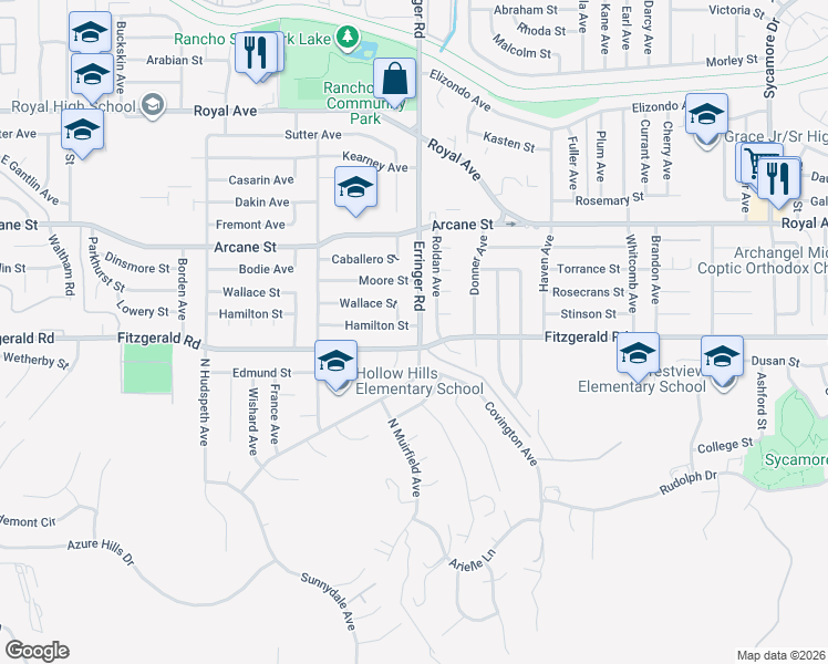 map of restaurants, bars, coffee shops, grocery stores, and more near 1917 Fitzgerald Road in Simi Valley