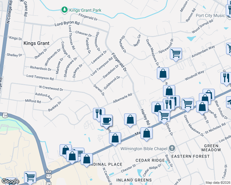 map of restaurants, bars, coffee shops, grocery stores, and more near 301 Silkweed Court in Wilmington