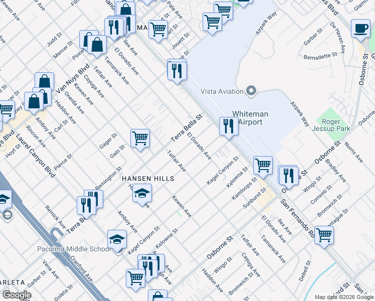 map of restaurants, bars, coffee shops, grocery stores, and more near 13066 Garber Street in Los Angeles