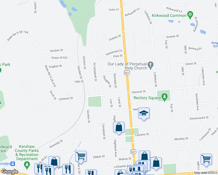 map of restaurants, bars, coffee shops, grocery stores, and more near 722 Douglas Street in Camden