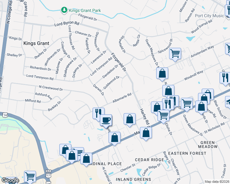 map of restaurants, bars, coffee shops, grocery stores, and more near 301 Silkweed Court in Wilmington