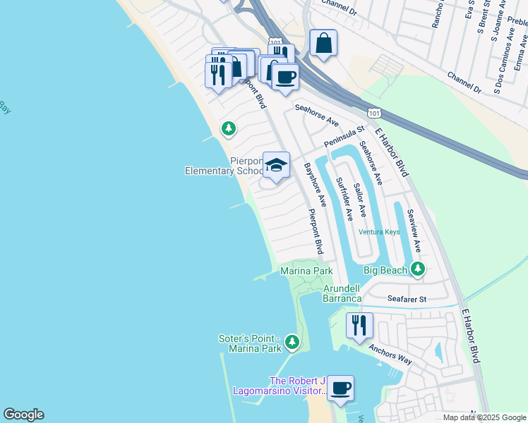 map of restaurants, bars, coffee shops, grocery stores, and more near 1338 Devon Lane in Ventura