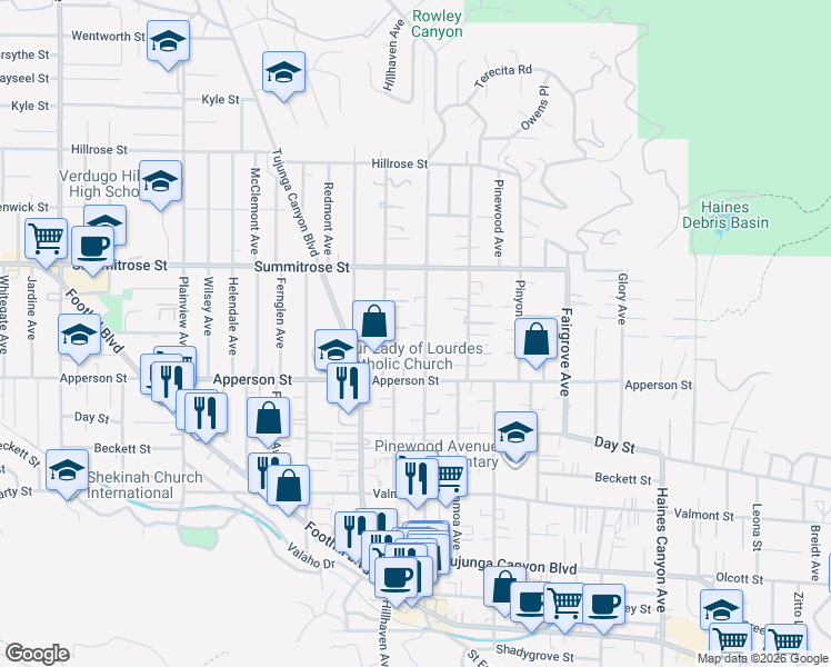 map of restaurants, bars, coffee shops, grocery stores, and more near 10357 Commerce Avenue in Los Angeles