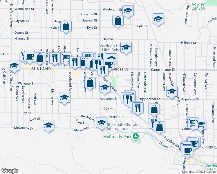 map of restaurants, bars, coffee shops, grocery stores, and more near 7732 Wyngate St in Los Angeles