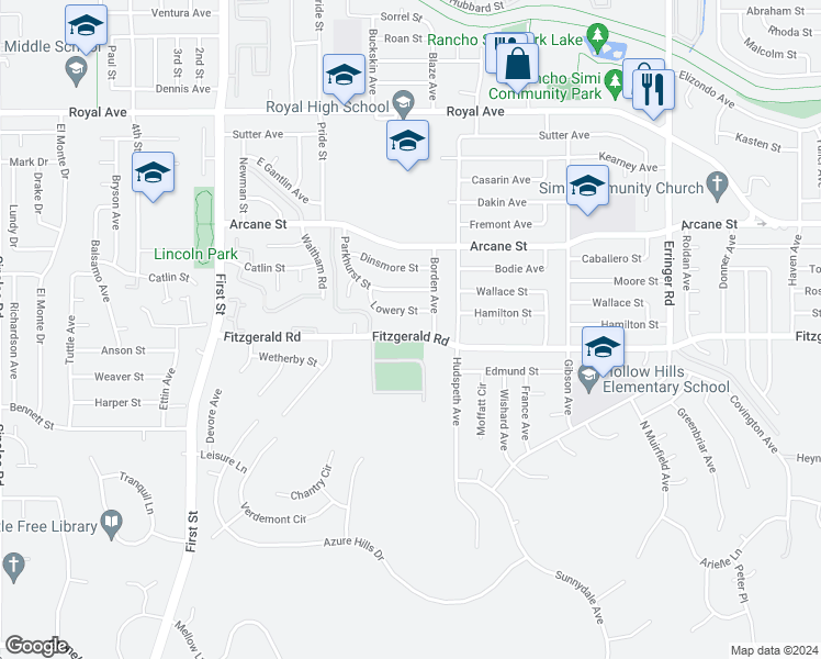 map of restaurants, bars, coffee shops, grocery stores, and more near 1449 Fitzgerald Road in Simi Valley