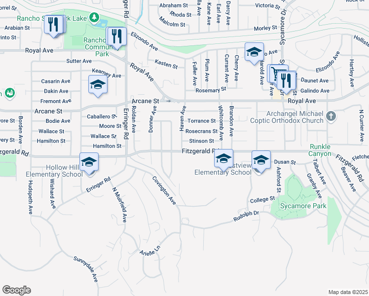 map of restaurants, bars, coffee shops, grocery stores, and more near 2111 Fitzgerald Road in Simi Valley