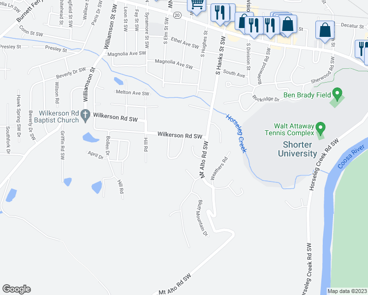 map of restaurants, bars, coffee shops, grocery stores, and more near 9 Wilkerson Road Southwest in Rome