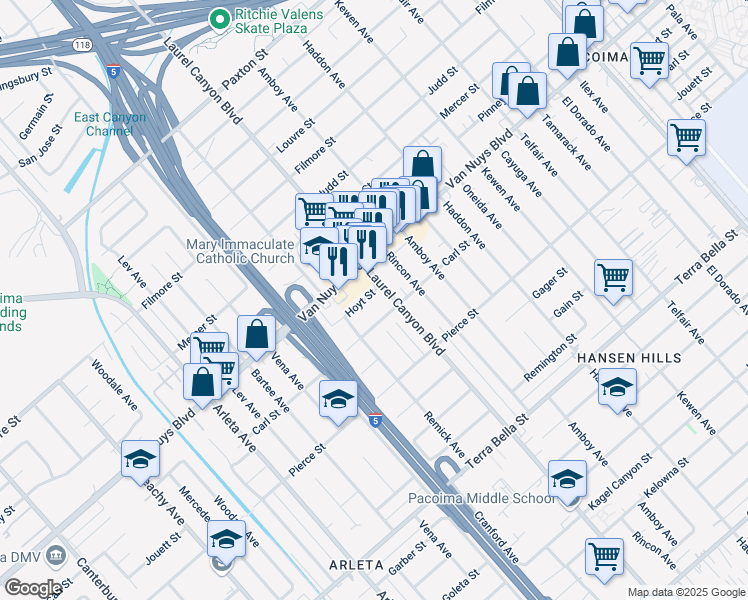 map of restaurants, bars, coffee shops, grocery stores, and more near 13714 Hoyt Street in Los Angeles