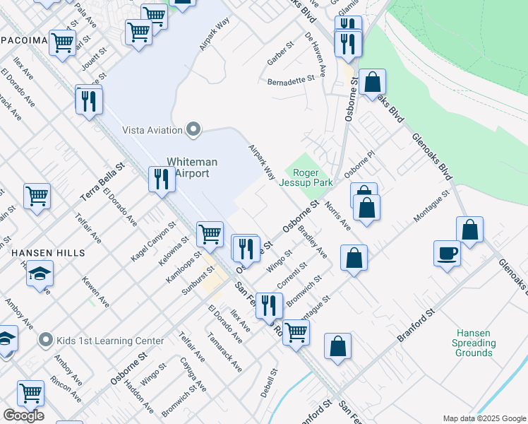 map of restaurants, bars, coffee shops, grocery stores, and more near 12605 Osborne Street in Los Angeles