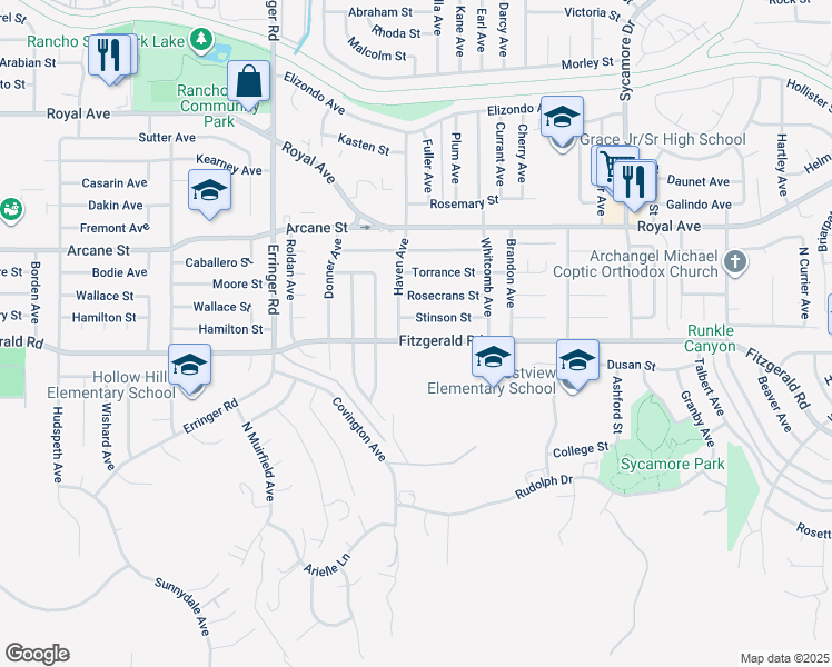 map of restaurants, bars, coffee shops, grocery stores, and more near 2141 Fitzgerald Road in Simi Valley
