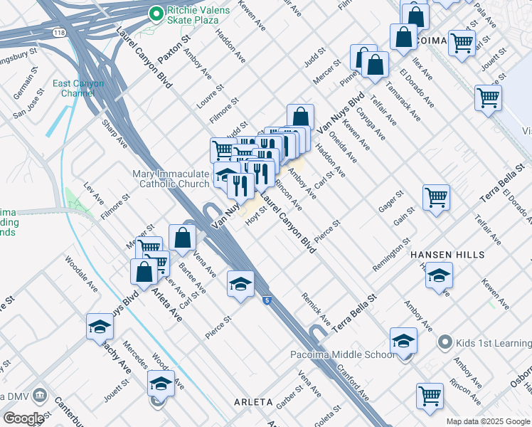map of restaurants, bars, coffee shops, grocery stores, and more near 10303 Laurel Canyon Boulevard in Los Angeles