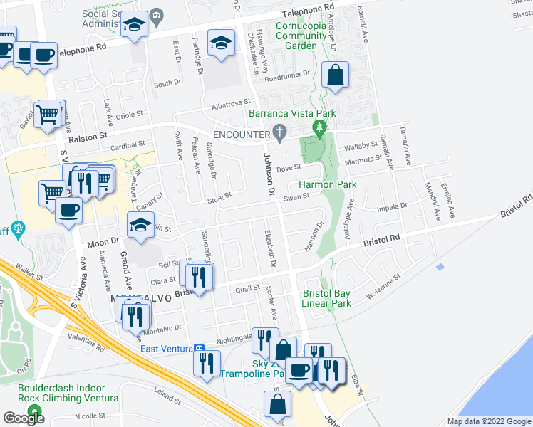 map of restaurants, bars, coffee shops, grocery stores, and more near 6701 Crowley Avenue in Ventura