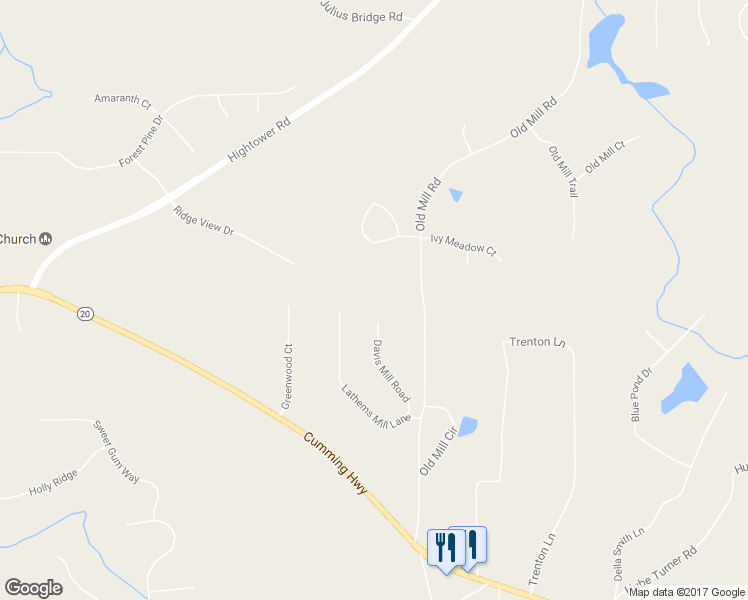 map of restaurants, bars, coffee shops, grocery stores, and more near 223 Davis Mill Road in Ball Ground
