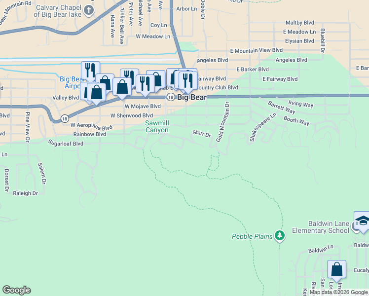 map of restaurants, bars, coffee shops, grocery stores, and more near 508 Deer Horn Drive in Big Bear