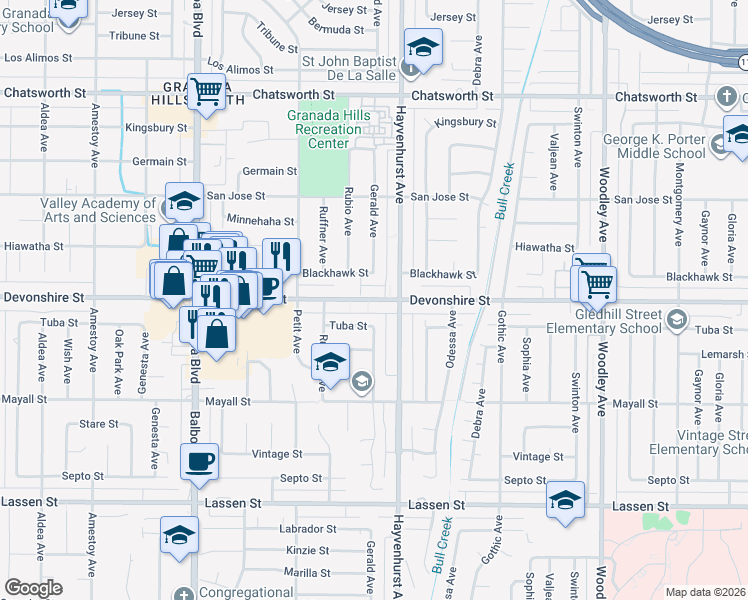 map of restaurants, bars, coffee shops, grocery stores, and more near 16640 Devonshire Street in Los Angeles