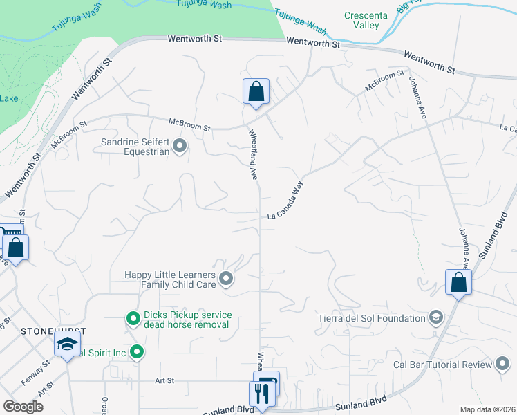 map of restaurants, bars, coffee shops, grocery stores, and more near 10327 Wheatland Avenue in Los Angeles