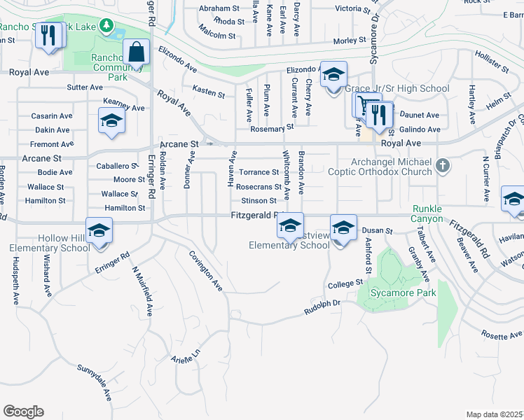map of restaurants, bars, coffee shops, grocery stores, and more near 2221 Fitzgerald Road in Simi Valley
