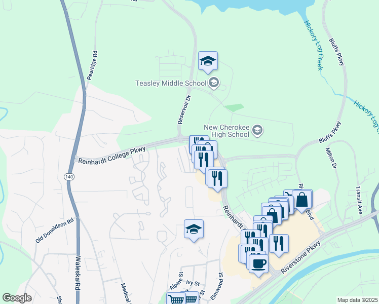 map of restaurants, bars, coffee shops, grocery stores, and more near 120 Riverstone Commons Circle in Canton