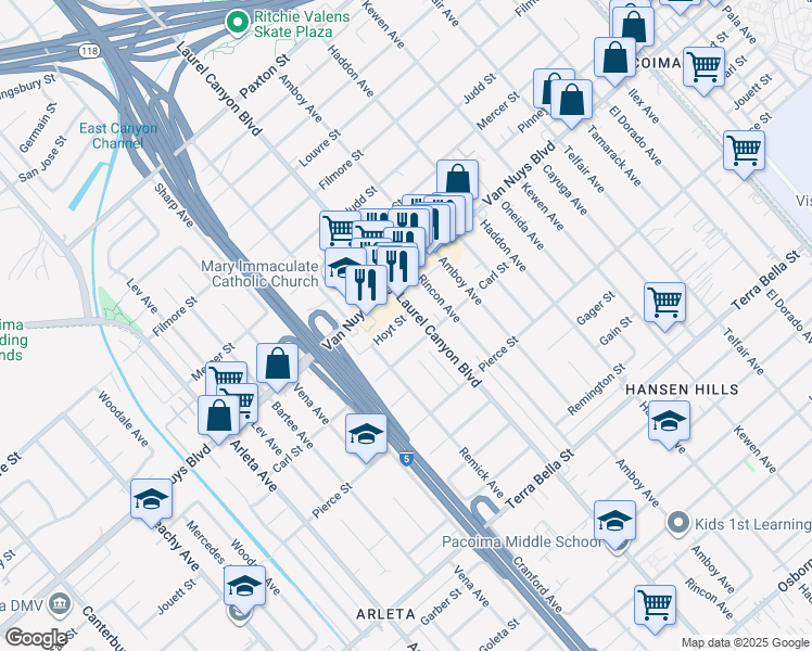 map of restaurants, bars, coffee shops, grocery stores, and more near 10303 Laurel Canyon Boulevard in Los Angeles