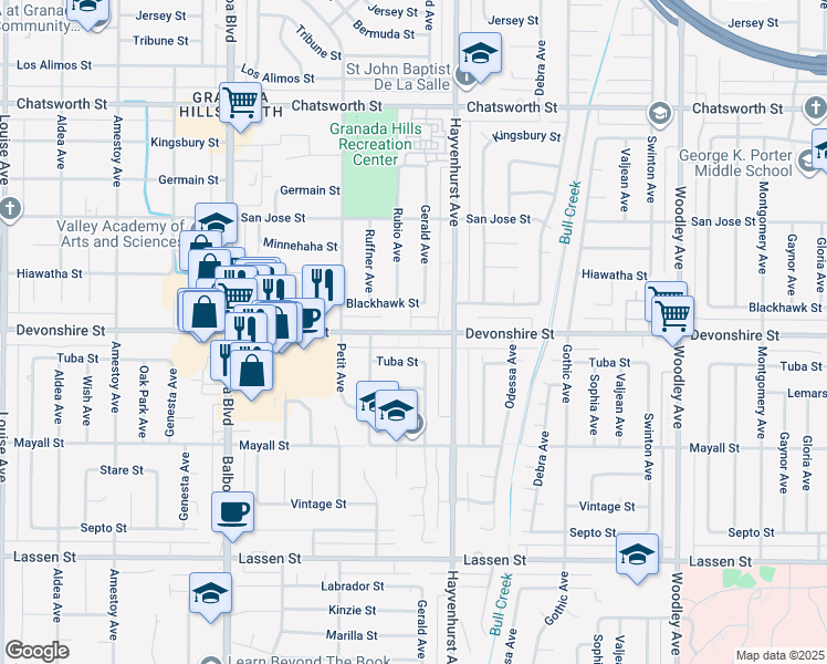 map of restaurants, bars, coffee shops, grocery stores, and more near 16649 Tuba Street in Los Angeles