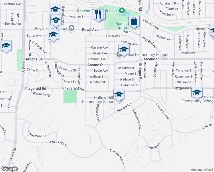 map of restaurants, bars, coffee shops, grocery stores, and more near 1661 Fitzgerald Road in Simi Valley