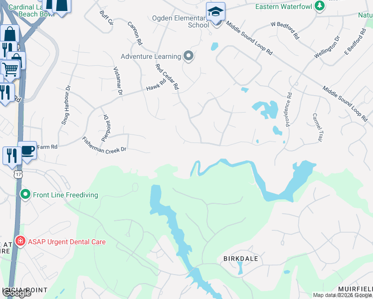 map of restaurants, bars, coffee shops, grocery stores, and more near 6126 Timber Creek Lane in Wilmington