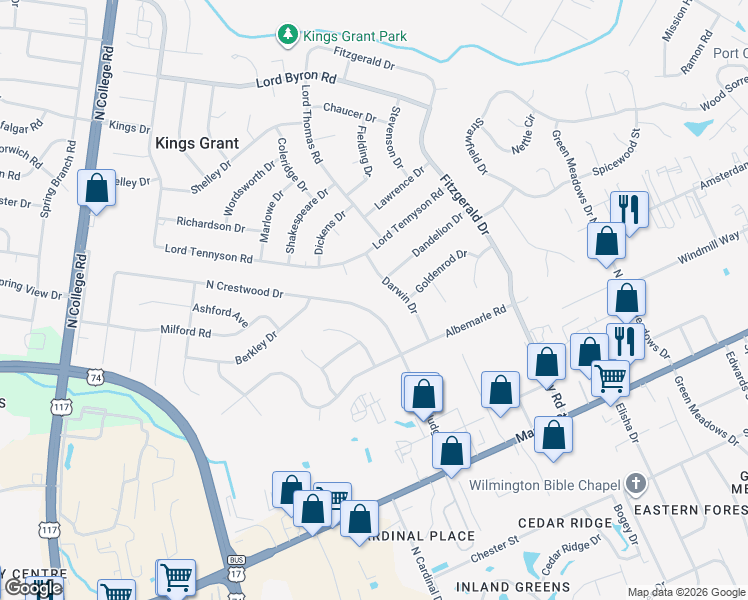 map of restaurants, bars, coffee shops, grocery stores, and more near 445 North Crestwood Drive in Wilmington