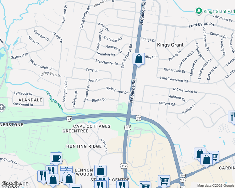 map of restaurants, bars, coffee shops, grocery stores, and more near 631 Spring Branch Road in Wilmington