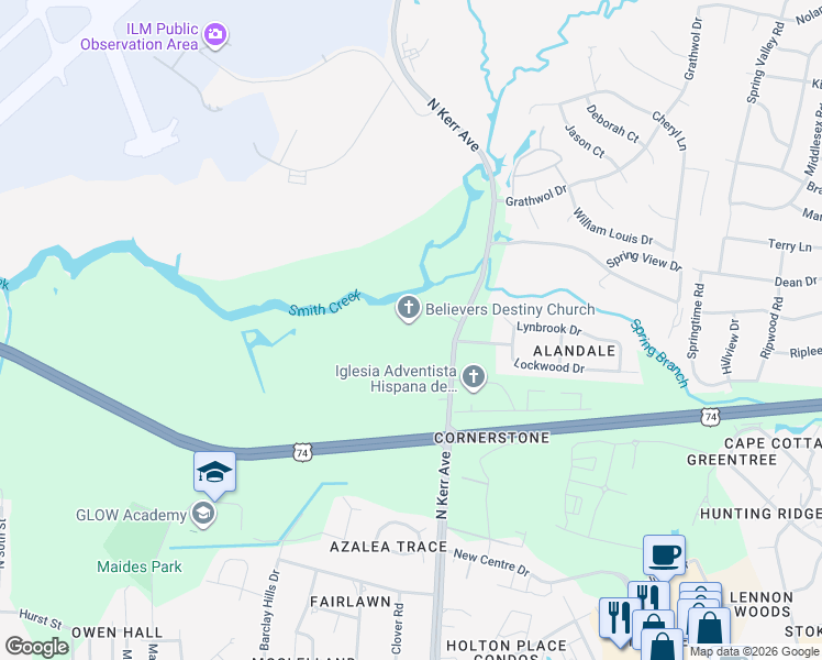 map of restaurants, bars, coffee shops, grocery stores, and more near 1157 North Kerr Avenue in Wilmington