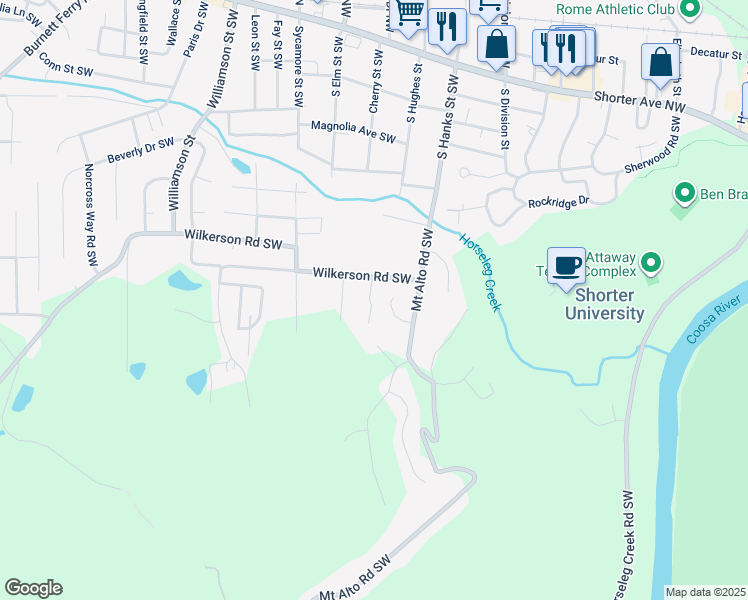 map of restaurants, bars, coffee shops, grocery stores, and more near 9 Foothills Drive Southwest in Rome