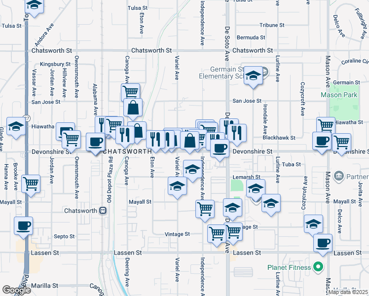 map of restaurants, bars, coffee shops, grocery stores, and more near 10300 Variel Avenue in Los Angeles