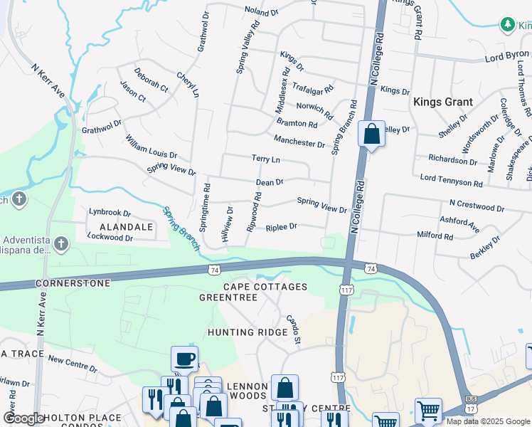 map of restaurants, bars, coffee shops, grocery stores, and more near 4606 Spring View Drive in Wilmington