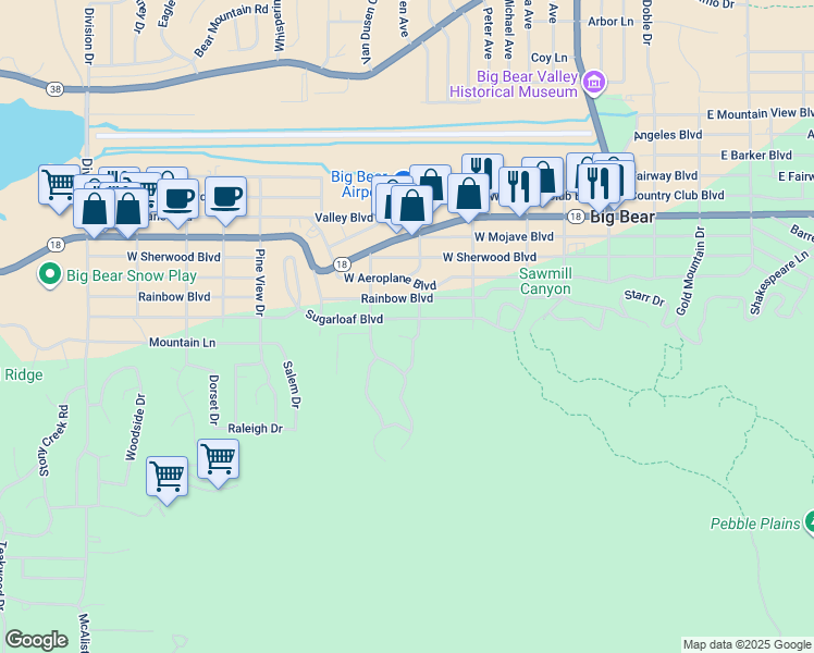 map of restaurants, bars, coffee shops, grocery stores, and more near 510 Sugarloaf Boulevard in Big Bear