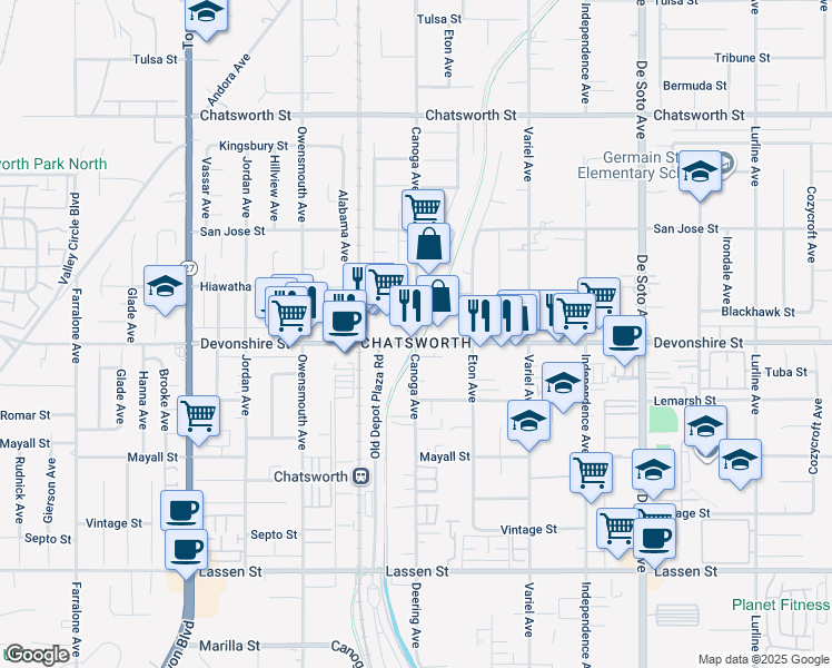 map of restaurants, bars, coffee shops, grocery stores, and more near 10444 Canoga Avenue in Los Angeles