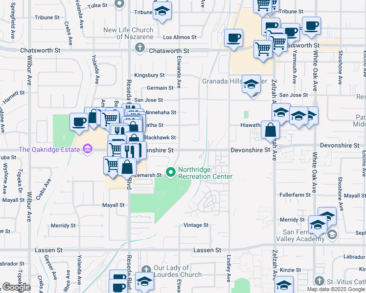 map of restaurants, bars, coffee shops, grocery stores, and more near 10302 Etiwanda Avenue in Los Angeles