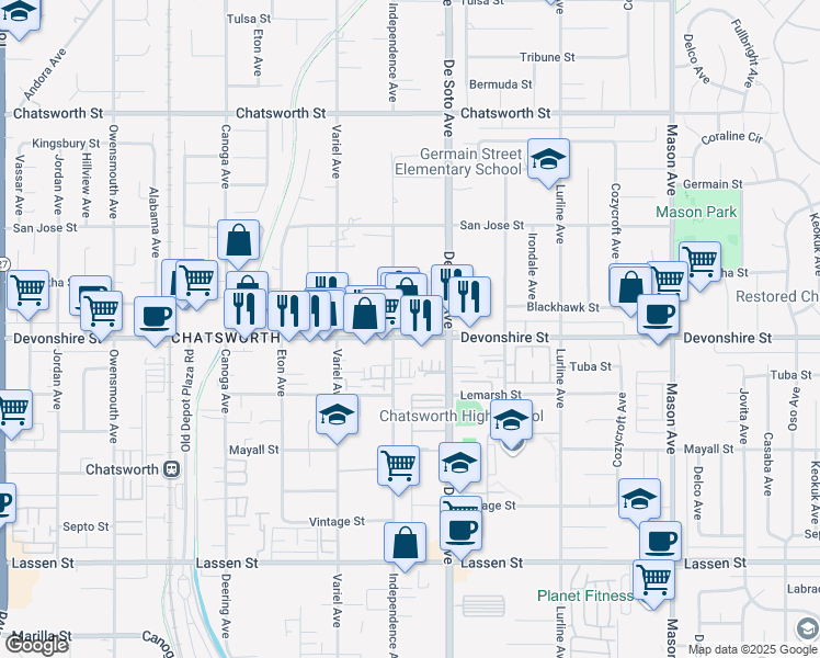 map of restaurants, bars, coffee shops, grocery stores, and more near 20936 Devonshire Street in Los Angeles