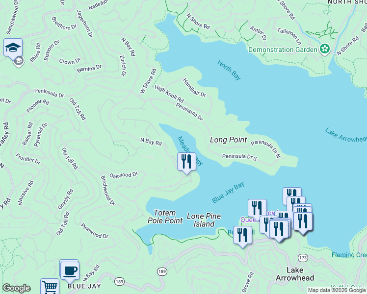 map of restaurants, bars, coffee shops, grocery stores, and more near 27453 North Bay Road in Lake Arrowhead