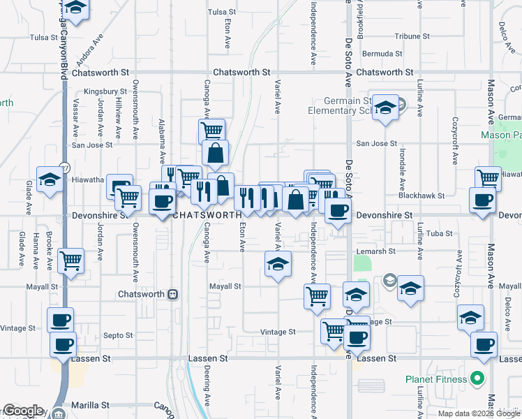 map of restaurants, bars, coffee shops, grocery stores, and more near 21143 Devonshire Street in Los Angeles