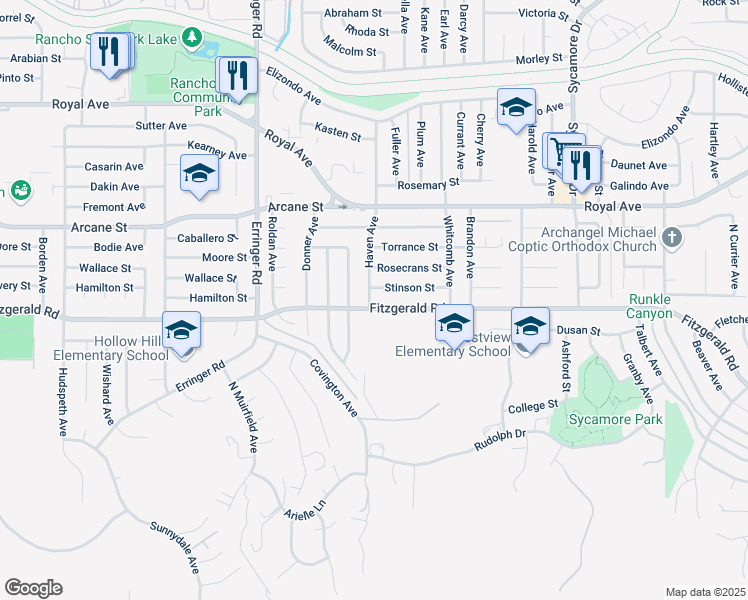 map of restaurants, bars, coffee shops, grocery stores, and more near 2111 Fitzgerald Road in Simi Valley