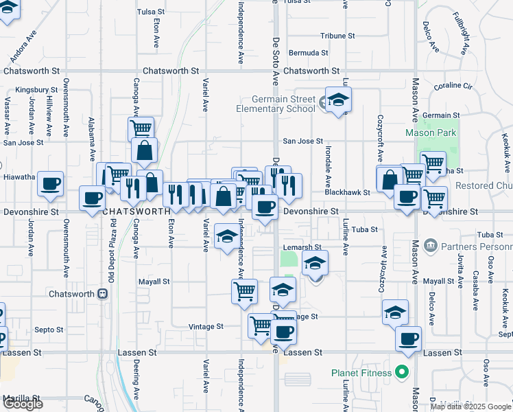 map of restaurants, bars, coffee shops, grocery stores, and more near 20936 Devonshire Street in Los Angeles