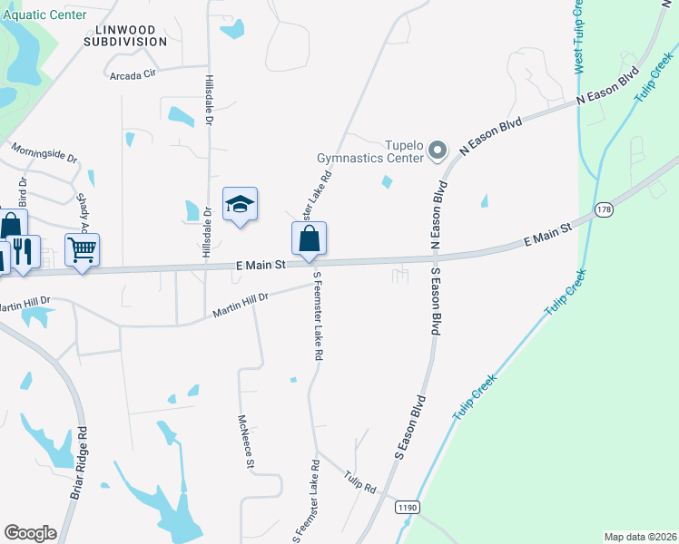 map of restaurants, bars, coffee shops, grocery stores, and more near 1900 East Main Street in Tupelo