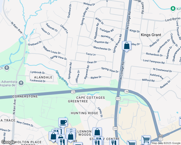 map of restaurants, bars, coffee shops, grocery stores, and more near 4606 Spring View Drive in Wilmington