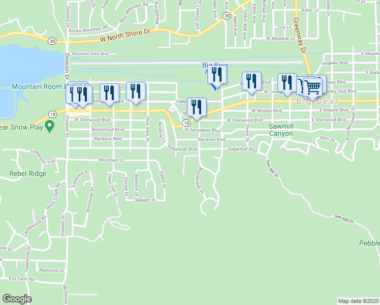 map of restaurants, bars, coffee shops, grocery stores, and more near 618 Sugarloaf Boulevard in Big Bear