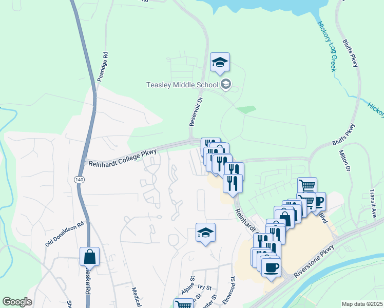 map of restaurants, bars, coffee shops, grocery stores, and more near 234 Riverstone Commons Circle in Canton