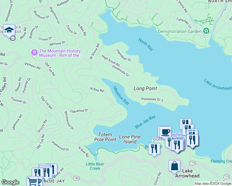 map of restaurants, bars, coffee shops, grocery stores, and more near in Lake Arrowhead